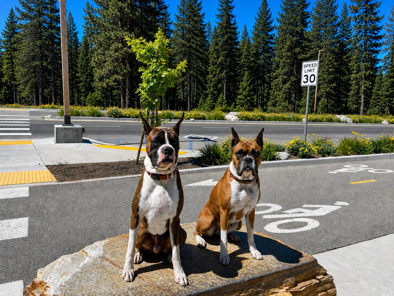 Coco and Kona on their breakfast run to Moonridge Coffee